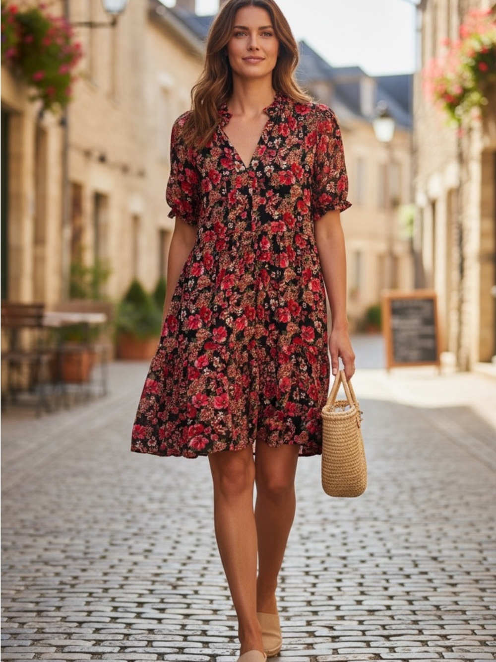 Express Black Floral Mini Dress with Red and Cream Flowers Size XL